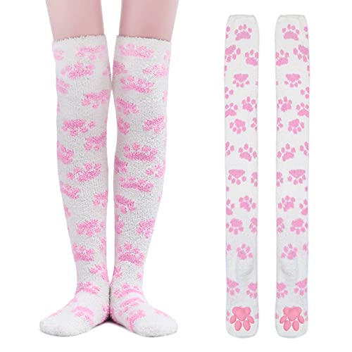 LittleForBig Oberschenkelhohe Socken Cosplay 3D Katze Pfoten Pad Silikon Katzenpfoten Koralle Samt über Kniestrümpfe - Weiß Rosa Pfote von LittleForBig