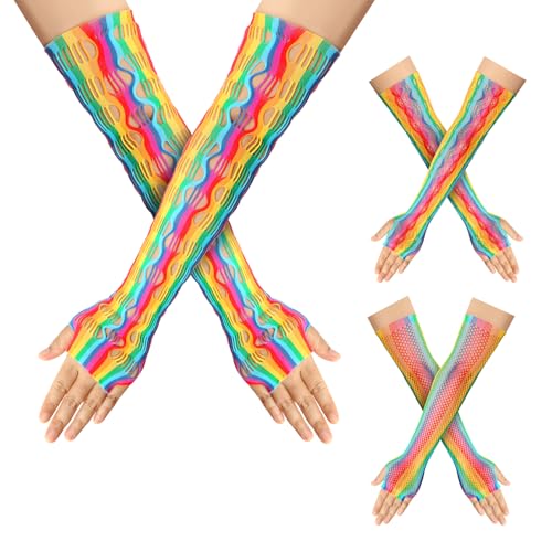 LittleForBig Rainbow Striped Fishnet Handschuhe Fingerless 80s 90s Party Cosplay Kostüm Zubehör für Frauen 3 Paar Set von LittleForBig