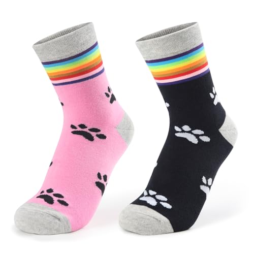 LittleForBig Regenbogen Manschette Kätzchen Pfote Baumwolle Mitte Crew Socken 2 Paar Set - Rosa Schwarz Pfote & Schwarz Weiß Pfote von LittleForBig