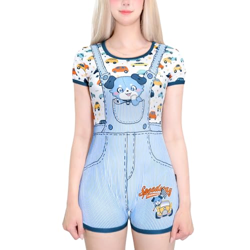 LittleForBig Seidiger Faux-Zweiteiler Romper-Body Schlafanzug - Little Blue Furrytail Rennauto Strampler Blau XXXL von LittleForBig