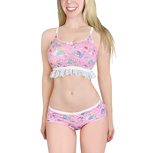 LittleForBig Spitzenbesatz Damen Nachtwäsche Träger Pyjama Cami Top und Shorts Dessous Bralette Loungewear Set - Einhorn Träume Rosa XS von LittleForBig