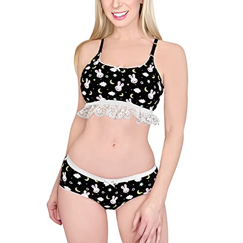 LittleForBig Spitzenbesatz Damen Nachtwäsche Träger Pyjama Cami Top und Shorts Dessous Bralette Loungewear Set-Snuggle Bunny Schwarz M von LittleForBig