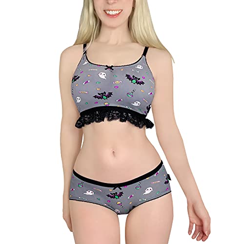 LittleForBig Spitzenbesatz Damen Nachtwäsche Träger Pyjama Cami Top und Shorts Dessous Bralette Loungewear Set - Zucker Fledermaus Grau XS von LittleForBig