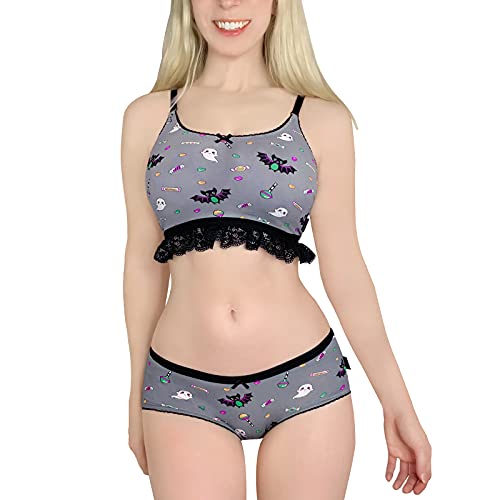 LittleForBig Spitzenbesatz Damen Nachtwäsche Träger Pyjama Cami Top und Shorts Dessous Bralette Loungewear Set - Zucker Fledermaus Grau XXXXL von LittleForBig