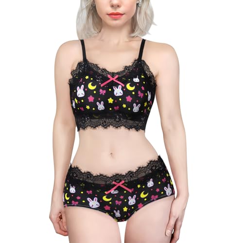 LittleForBig Spitzenbesatz Damen Nachtwäsche Träger Pyjama Cami Top und Shorts Dessous Süße Usagi Bralette Loungewear Set Schwarz XS von LittleForBig