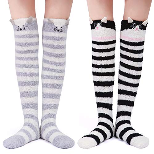 LittleForBig Süßes Tier Koralle Samt Oberschenkel/Knie-Lange Gestreifte Socken Kniestrümpfe 2 Paare -Grau/Schwarz von LittleForBig