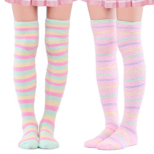 LittleForBig Süßes Tier Koralle Samt Oberschenkel/Knie-Lange Gestreifte Socken Kniestrümpfe 2 Paare - Einheitsgröße - Grün &Rosa von LittleForBig