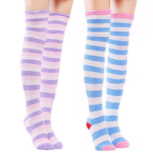 LittleForBig Süßes Tier Koralle Samt Oberschenkel/Knie-Lange Gestreifte Socken Kniestrümpfe 2 Paare - Einheitsgröße - Lila&blau von LittleForBig