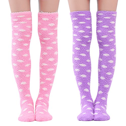 LittleForBig Süßes Tier Koralle Samt Oberschenkel/Knie-Lange Tupfen Socken Kniestrümpfe 2 Paare - Einheitsgröße - Lila und Rosa Tupfen von LittleForBig