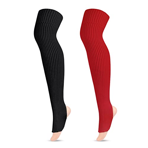 LittleForBig Thigh High School Girl Boot Socks Extra Long Over The Knee Knitted Stirrup Stockings 2 Pairs - Black/Red von LittleForBig