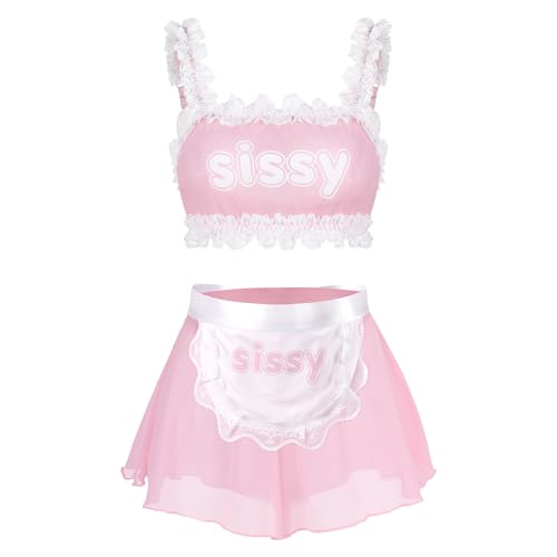 LittleForBig Unisex Einstellbare Spitzenband Nachtwäsche Mesh Lingerie Loungewear Sissy Maid Durchsichtige Bralette Rocked Panties Set mit abnehmbarer Schürze Rosa XXL von LittleForBig
