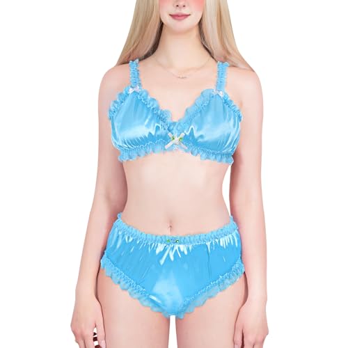 LittleForBig Unisex Nachtwäsche Riemen Dessous Set Lingerie Loungewear Sissy Spitzen Rüschen Verstellbare Satin Bralette Höschen Set Blau L von LittleForBig