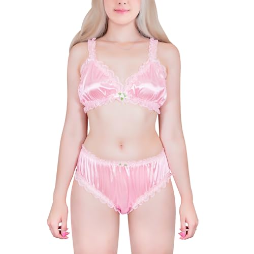 LittleForBig Unisex Nachtwäsche Riemen Dessous Set Lingerie Loungewear Sissy Spitzen Rüschen Verstellbare Satin Bralette Höschen Set Rosa XS von LittleForBig