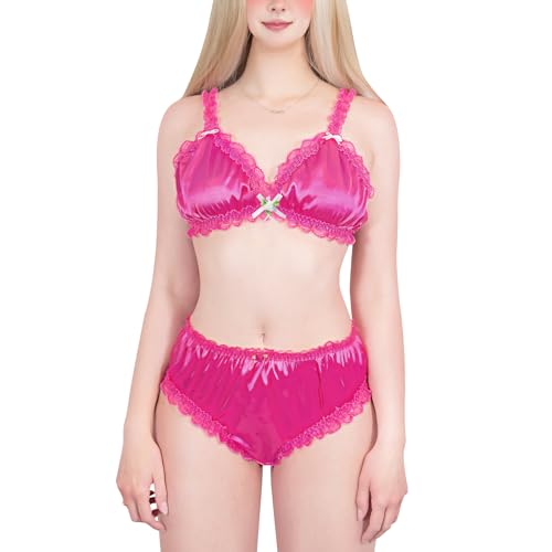 LittleForBig Unisex Nachtwäsche Riemen Dessous Set Lingerie Loungewear Sissy Spitzen Rüschen Verstellbare Satin Bralette Höschen Set Hot Pink XXL von LittleForBig