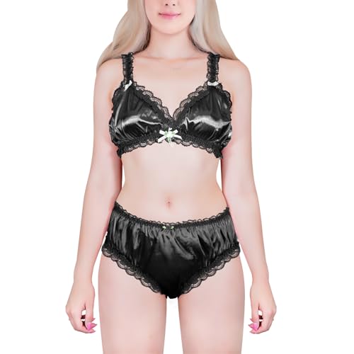 LittleForBig Unisex Nachtwäsche Riemen Dessous Set Lingerie Loungewear Sissy Spitzen Rüschen Verstellbare Satin Bralette Höschen Set Schwarz XXXL von LittleForBig