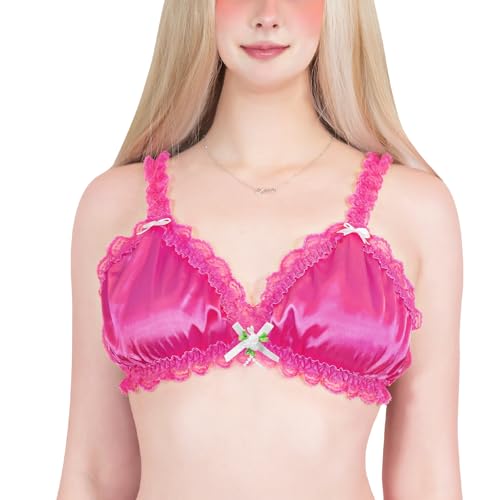 LittleForBig Unisex Nachtwäsche Riemen Dessous Set Lingerie Sissy Spitzen Rüschen Verstellbare Satin Bralette Hot Pink S von LittleForBig