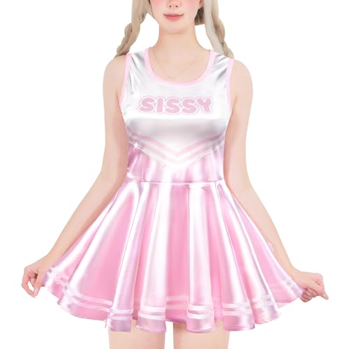 LittleForBig Unisex Seidiger Ärmelloser Overall Glänzender Satin Cheer Sissy Bodycon Mini Kleid Rock Rosa M von LittleForBig