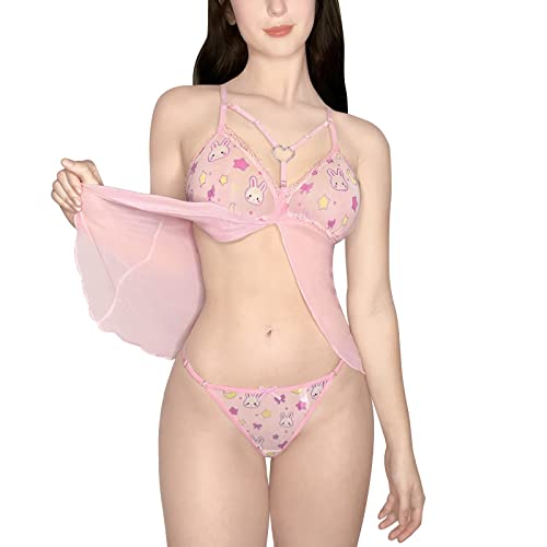 Littleforbig Damen Nachtwäsche Spitze Babydoll Träger Chemise Neckholder Dessous V-Ausschnitt Nachtwäsche - Usagi Moon Teddy Friends, Usagi Love Harness Pink, Small von LittleForBig