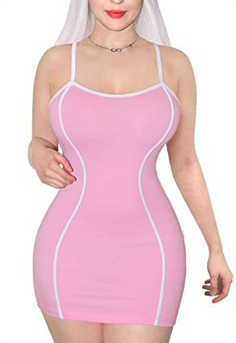 Littleforbig Damen-Overall aus Baumwolle, trendig, Retro-Patch, S-förmig, verstellbar, gestreift, figurbetontes Minikleid, Pink, 4X-Groß von LittleForBig