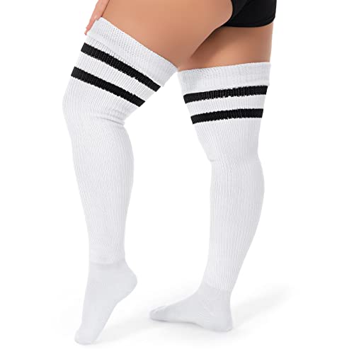Littleforbig Übergröße Oberschenkelhohe lange gestreifte Zopfstrickstrümpfe, Weiss/opulenter Garten, Large von LittleForBig