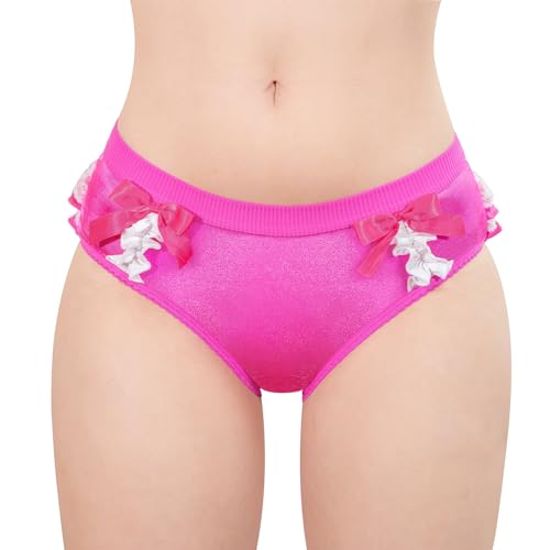 Littleforbig Weiche Damen-Unterwäsche, bequemer Hipster-Slip, hübscher Satin-Überzug, gerüschte Spitze, Schleife, Knallpink (Hot Pink), M von LittleForBig
