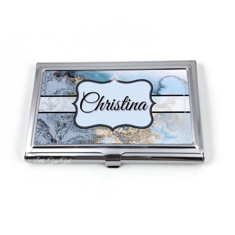 Edelstahl Visitenkartenhalter - Personalisierte Kartenetui Benutzerdefinierter Name Auf Marmor Hintergrund Mit 36 Designs Verfügbar von LittleGemGirl