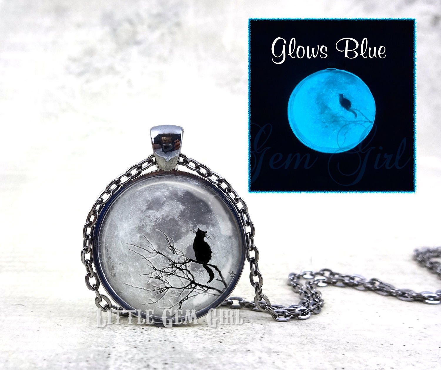 Glow in The Dark Vollmond Und Schwarze Katze Silhouette Halskette Oder Schlüsselanhänger Charm - Leuchtender Mond Schmuck von LittleGemGirl