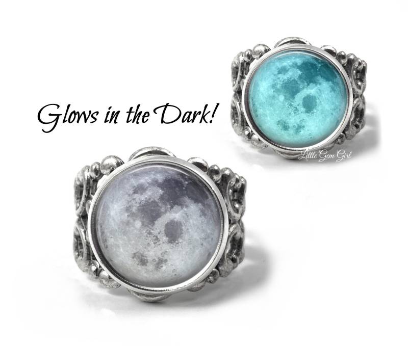 Glühen Im Dunkeln Vollmond Ring - Vintage Bronze Oder Silber Filigrane Einstellung Glühender Mond Schmuck Verstellbarer von LittleGemGirl