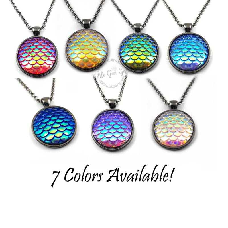 Meerjungfrau Halskette in 7 Farben Gunmetall Drachen Ei Anhänger - Farbverschiebende 25 Mm Großer Runder Schuppenanhänger von LittleGemGirl