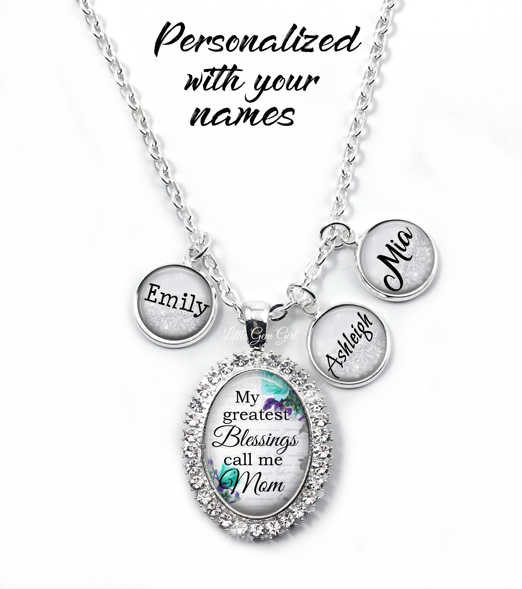 Personalisierte Name Charm Halskette Für Mama, Mimi, Oma, Nana, Etc - Individueller Enkel Anhänger in Silber Oval Strass von LittleGemGirl