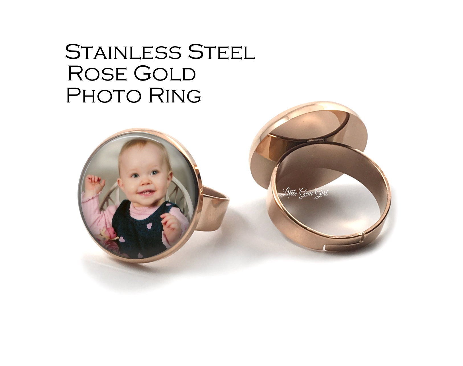 Personalisierter Roségold-Fotoring - Edelstahl-Bildring Verstellbares Ringband Nicht Anlaufend Hypoallergen Nickelfrei von LittleGemGirl