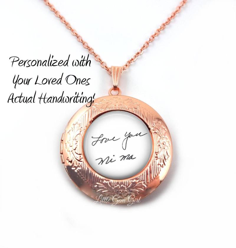 Rose Gold Handschrift Locket Personalisierte Signatur Halskette - Hält 2 Innen Fotos Runde Medaillon Angepasst Mit Kinder Kunstwerk von LittleGemGirl
