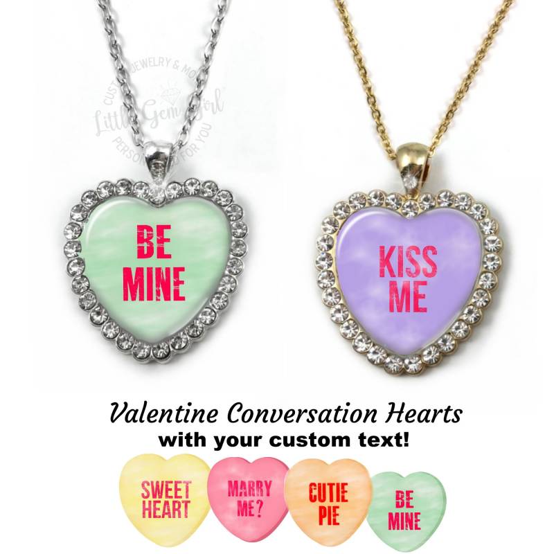 Valentinstag Gespräch Herz Halskette Strass Silber Oder Gold - Personalisierte Benutzerdefinierte Farbe Und Text Faux Candy Leckereien von LittleGemGirl