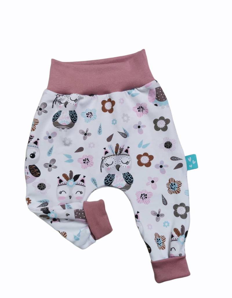 Pumphose Mädchen Baby Baggy Pants Rosa Weiß Eule Federn Mitwachshose Tobehose Gr. 56-116 von LittleHenni