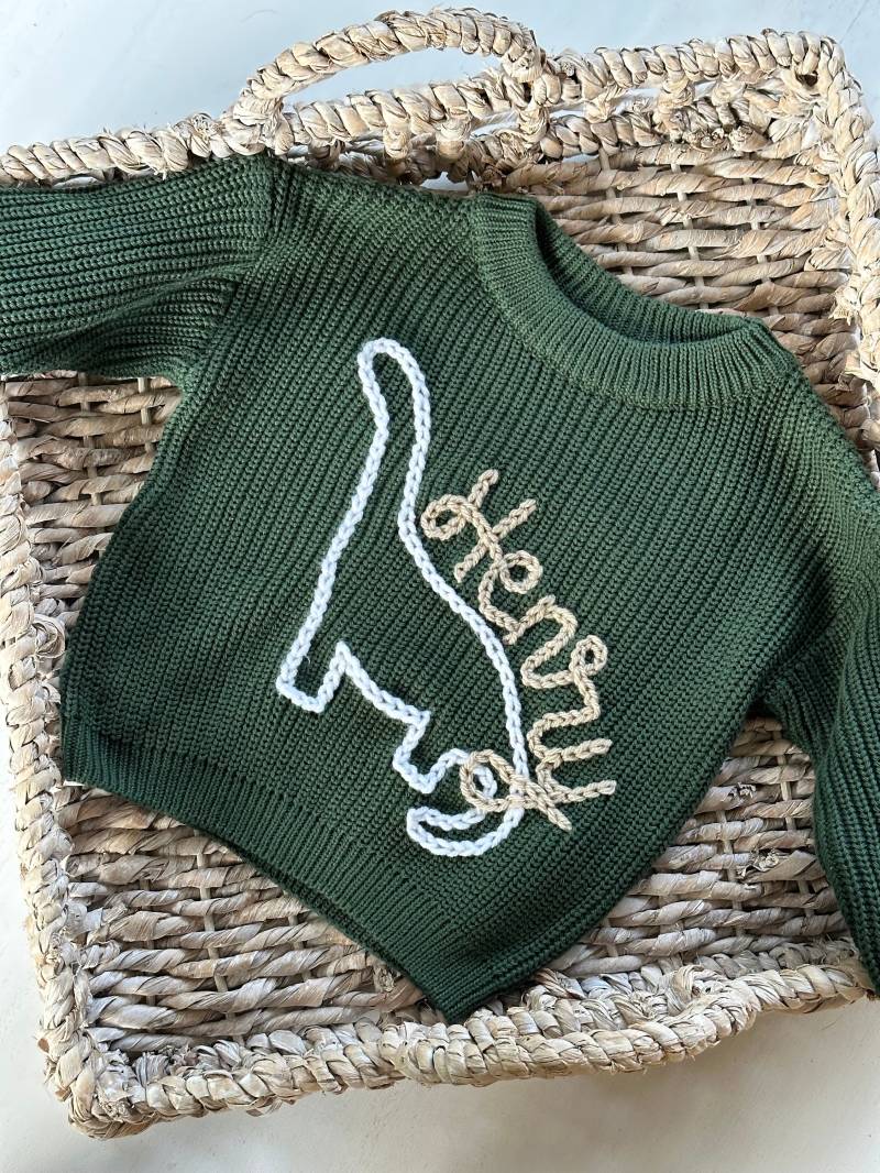 Der Dino Pullover - Handbestickter Baby von LittleLetterSweaters