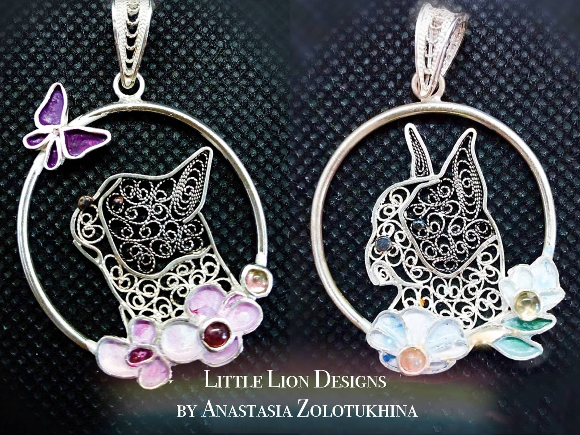 Boston Terrier Anhänger/(Kleiner Runder Filigraner Blumenanhänger Turmaline Emaille Sterling Silber Schmetterling von LittleLionDesignsMK