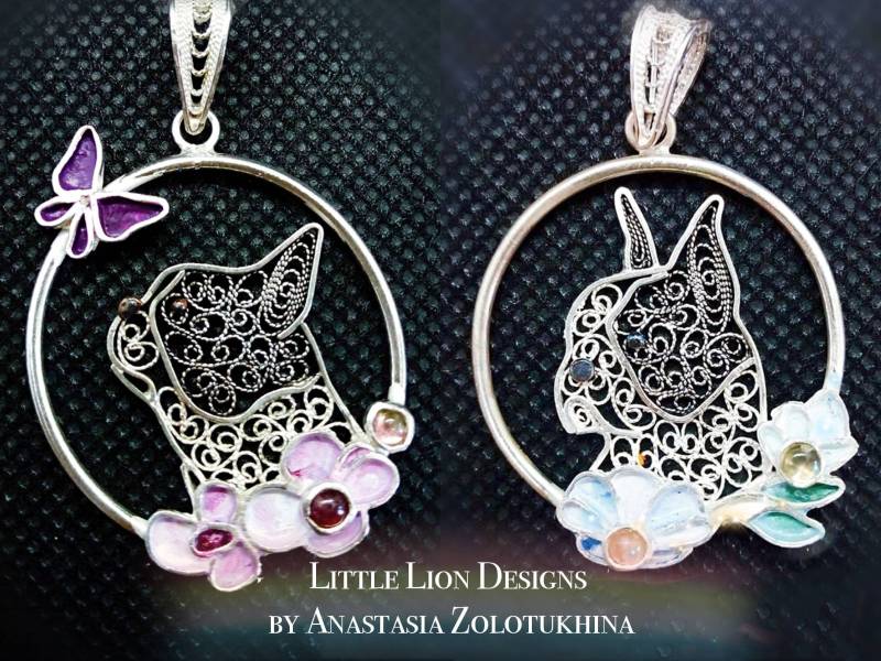 Boston Terrier Anhänger/(Kleiner Runder Filigraner Blumenanhänger Turmaline Emaille Sterling Silber Schmetterling von LittleLionDesignsMK