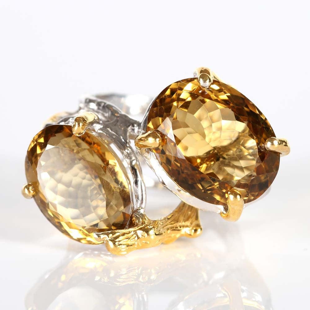 sterling Silber Doppel Oval 21.81 Ctw Citrin Cocktail Ring sterling Silber Doppel Oval 21.81 Ctw Citrin Cocktail Ring von LittleLucyVintage