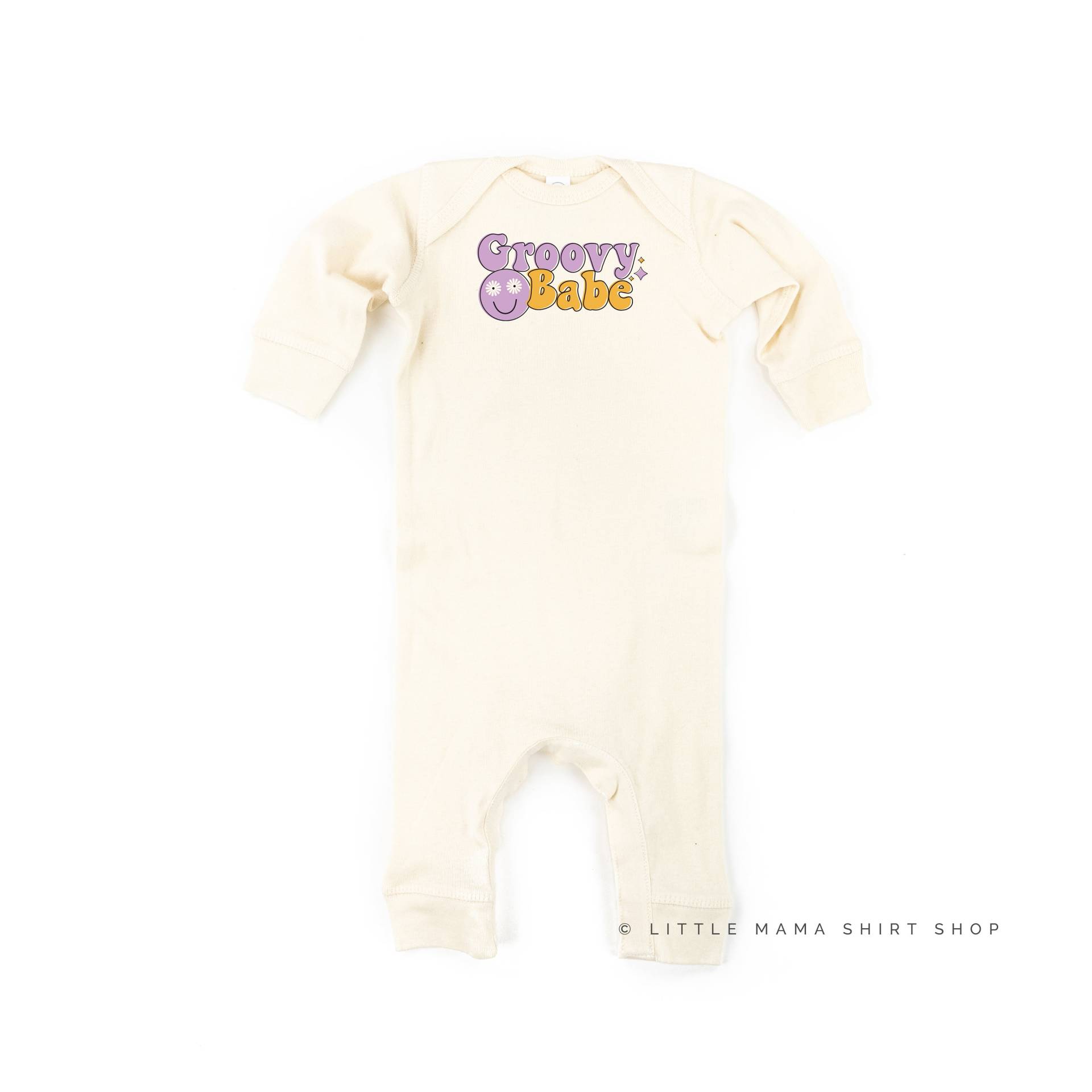 Groovy Babe | Lila/Gelb - Ein Stück Babyschläfer | Baby Bodysuit Retro Body Säuglingsschlafer 70Er Vibes von LittleMamaShirtShop
