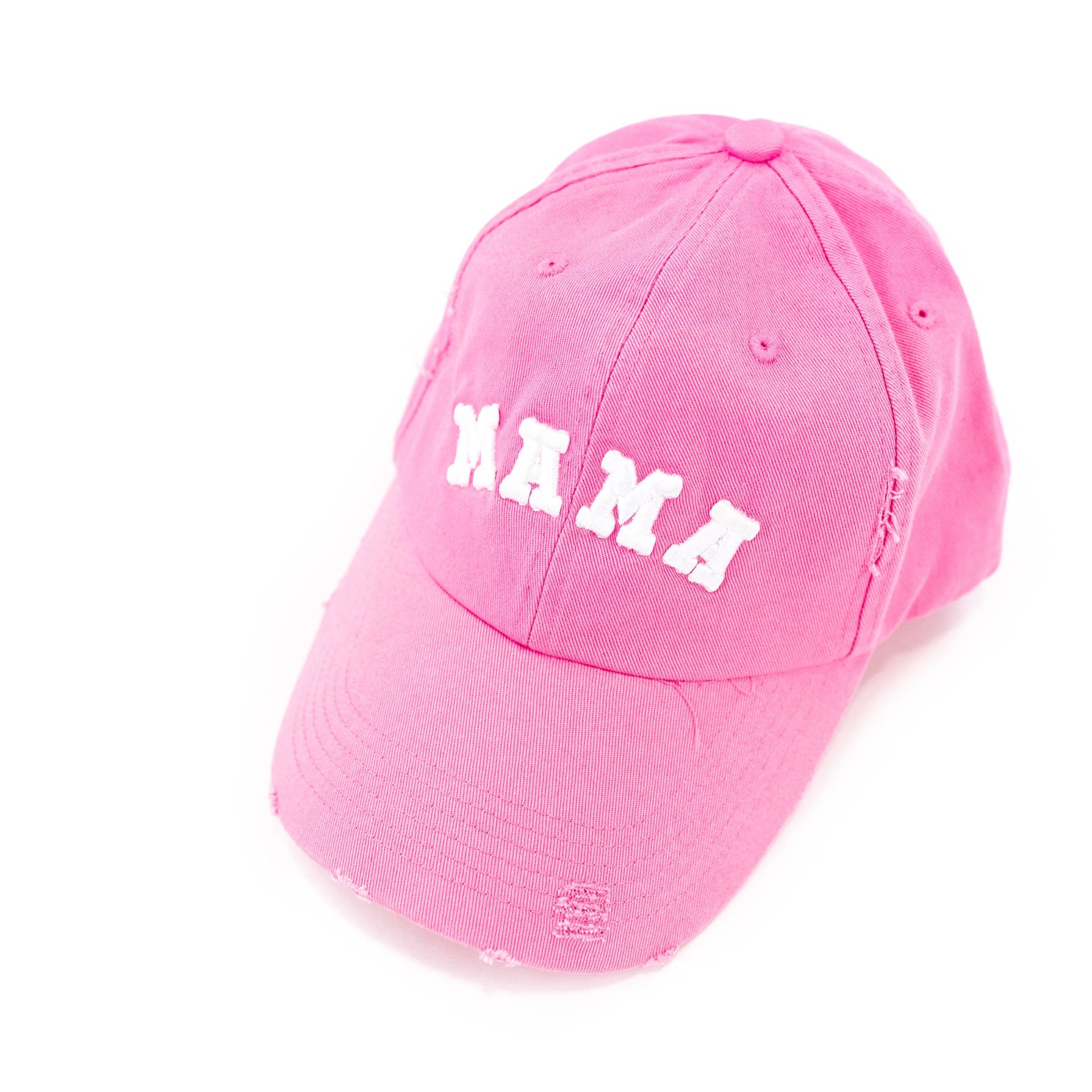 Mama | Varsity - Pink Distressed Baseball Cap | Mützen Für Mütter Damen Baseballmütze Muttertag Mama Von Jungs Mädchen Hut von LittleMamaShirtShop