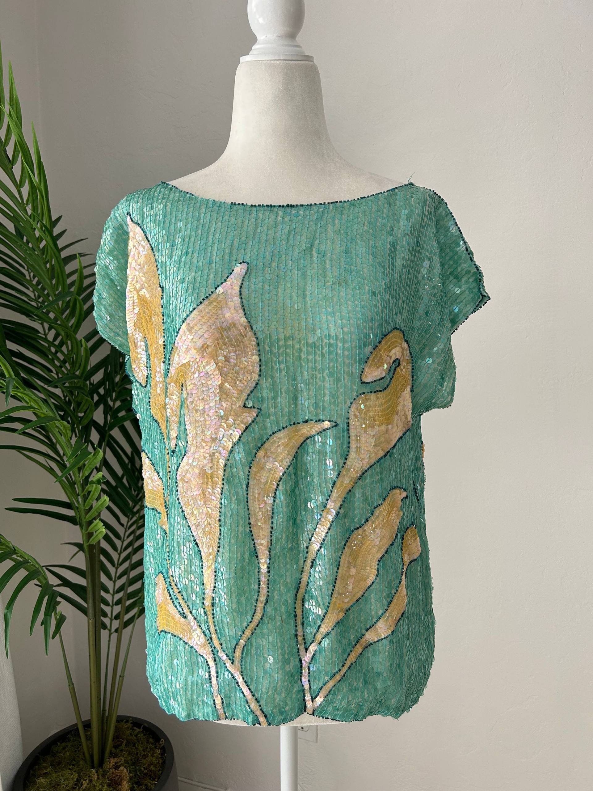 Vintage Seafoam Pailletten Blumenbluse Vintage Seafoam Pailletten Blumenbluse von LittleMissVintage3