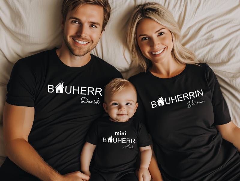 Bauherr & Bauherrin Familien-Setmatching T-Shirts, Baby-Body-Mit Namen Personalisierbar.personalisierte Sets.familien-Partnerlook Set 2025 von LittleMonkeyShopDE