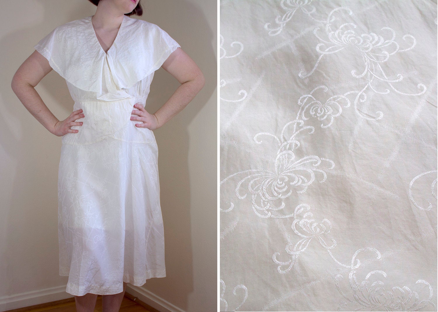1930Er Jahre Creme Seidenkleid Mit Angehängten Cape/Medium 1930Er Jahre Creme Seidenkleid Mit Angehängten Cape/Medium von LittleMoodVintage