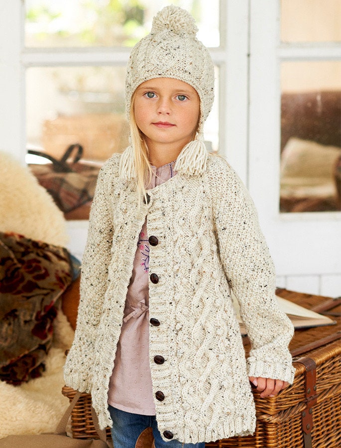 Aran Strickjacke in Natürlichem Tweed, Merinowolle & Mohair, Handgestrickt, Baby, Kleinkind Und Kinder, Mädchen Zopfmusterpullover von LittleNaturalKnits