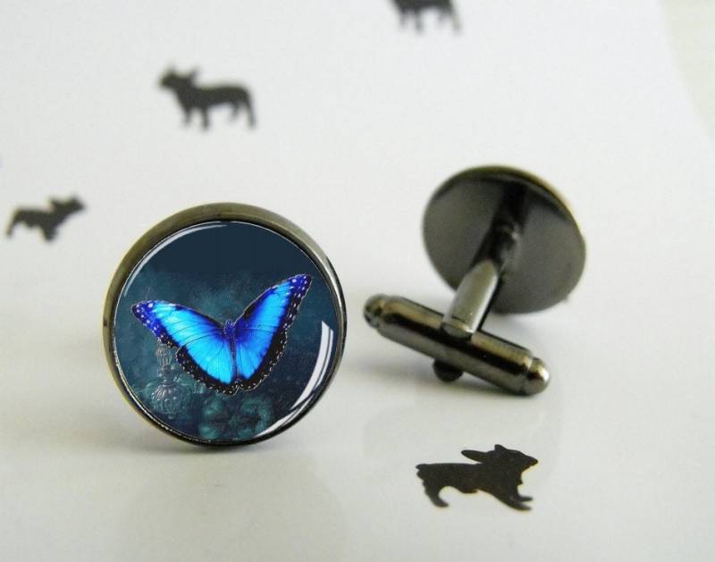 Absolem - Manschettenknöpfe Krawattenklammer Blauer Schmetterling Alice Im Wunderland Geschenkset Herrenschmuck Hochzeit von LittlePopBoutique