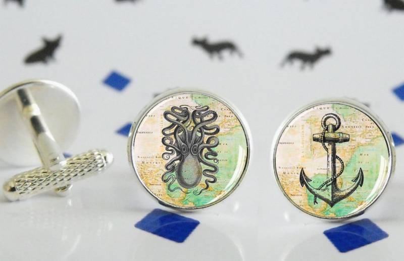 Der Oktopus Und Der Anker - Kraken Manschettenknöpfe Mit Glascabochon Besonderes Etsy-Geschenk Geek-Geschenk Viktorianisch Fantasy Steampunk von LittlePopBoutique