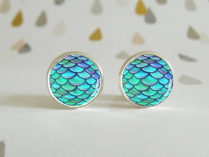 Meerjungfrau - Ohrstecker Glascabochon Mehrfarbiges Schuppenmuster Geometrisch Originelles Schmuckgeschenk von LittlePopBoutique