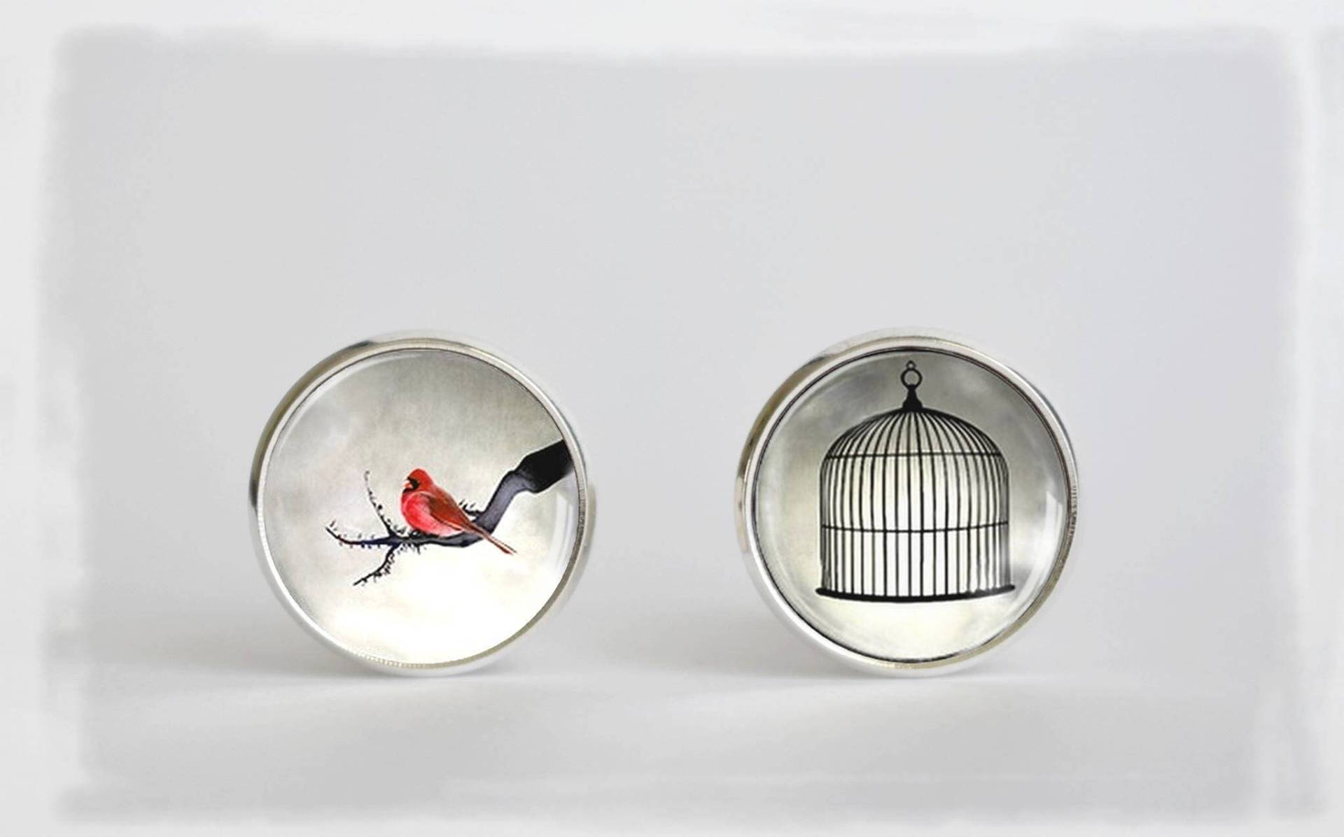 Red Bird - Ohrringe Ohrstecker, Glascabochon Käfig Rotkehlchen Zweig Minimalistisch Boho Freiheit von LittlePopBoutique