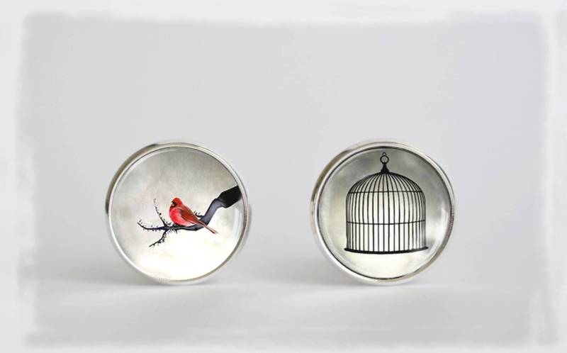 Red Bird - Ohrringe Ohrstecker, Glascabochon Käfig Rotkehlchen Zweig Minimalistisch Boho Freiheit von LittlePopBoutique