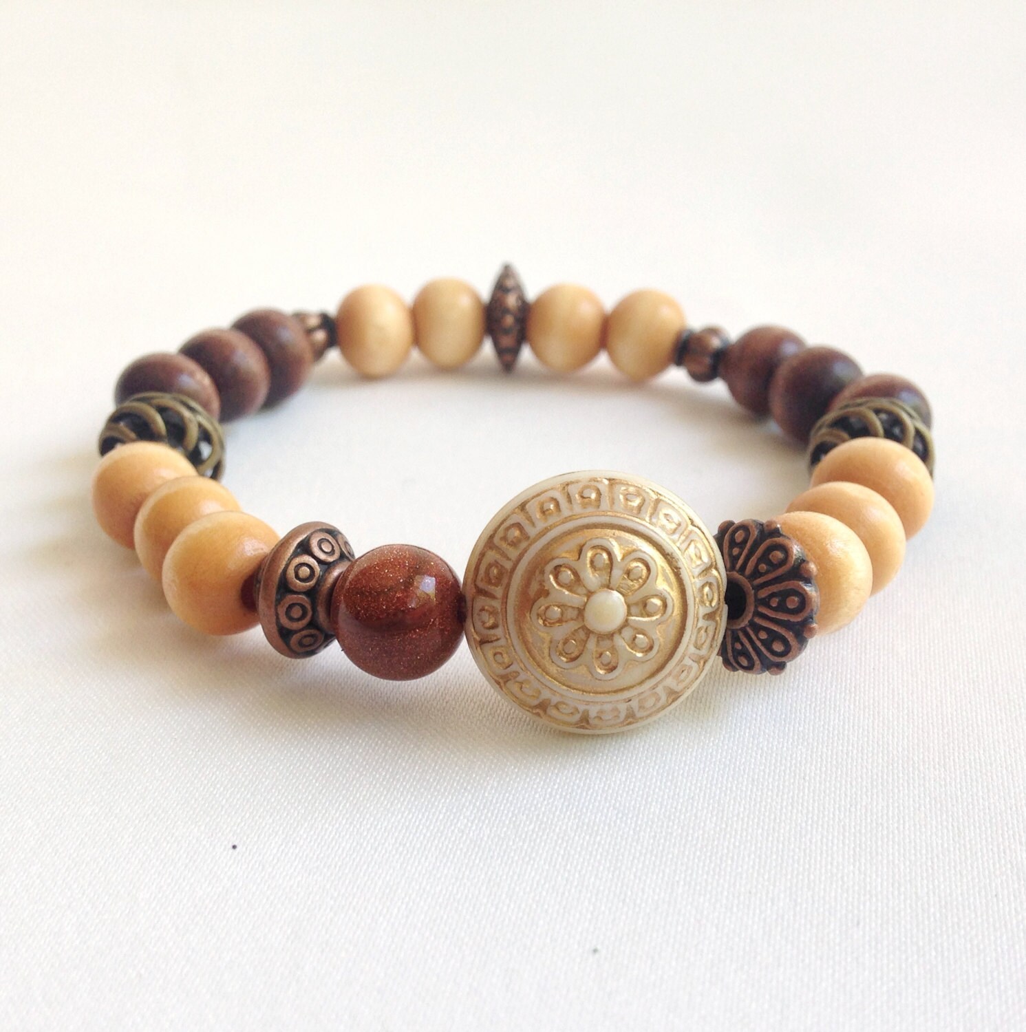 Boho Holzperlen Armband Edelstein & Metall Armband Zum Stapeln von LittleRabbitJewelry